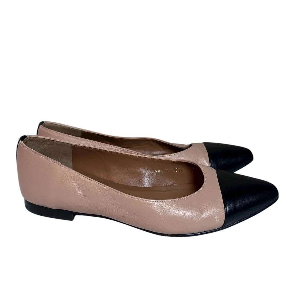 Margaux The Pointe Italian Nappa Leather Colorblock Flats Dune Beige Black 37.5W - Picture 2 of 9
